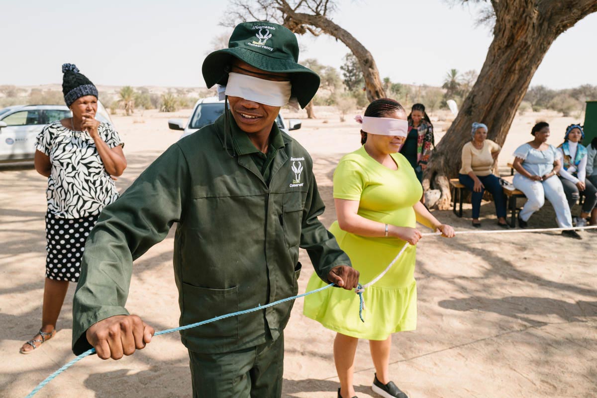 people with blindfolds on, playing game